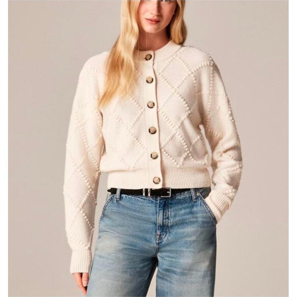 J.Crew Womens Ivory Wool Diamond Bobble Knit Cardigan Sweater Size S C0337